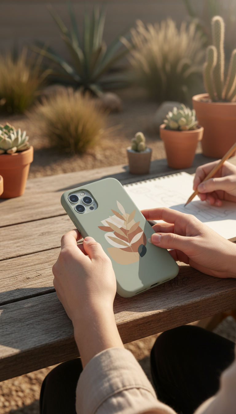 Custom Graphic Phone Case In Sage Mist in use