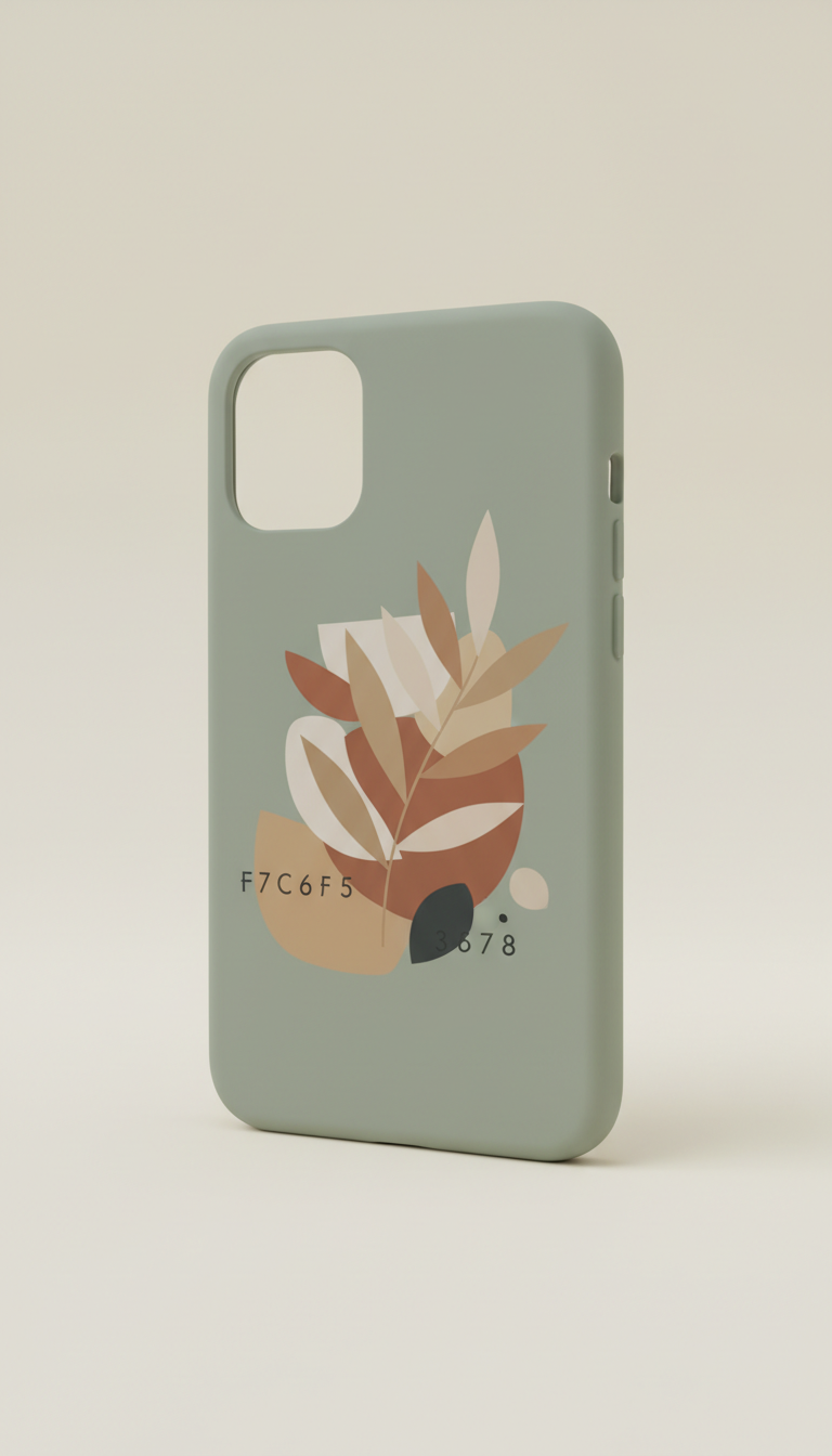 Custom graphic phone case in Sage Mist, Default to a 3/4 angle for product-only shots: objects sit on gently textured...